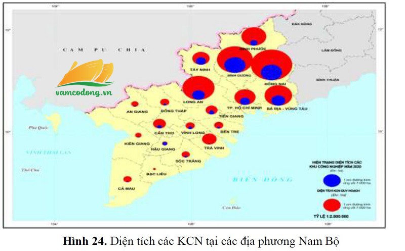 Diện tích các KCN tại các địa phương Nam Bộ